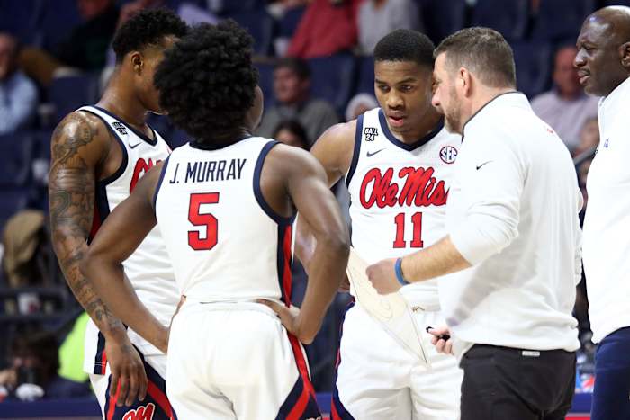 Ole Miss Rebels coach Chris Beard talks with his team vs. Mount St. Mary's on Tuesday.